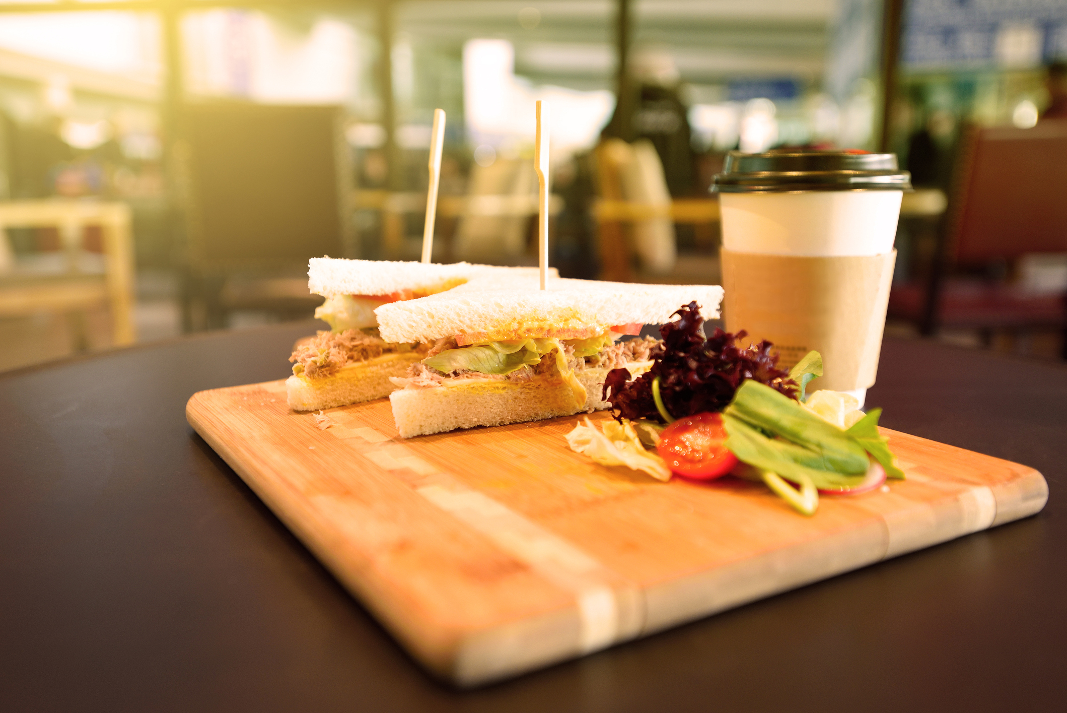 Sandwich and coffee in a coffeehouse of airport.